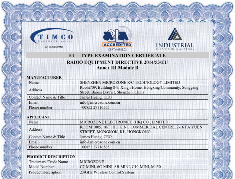 Microzone C7-mini remote control CE certificate